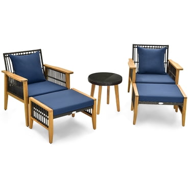 Gymax 5PCS Acacia Wood Wicker Woven Furniture Set w/ Coffee Table & 2 Ottomans Patio