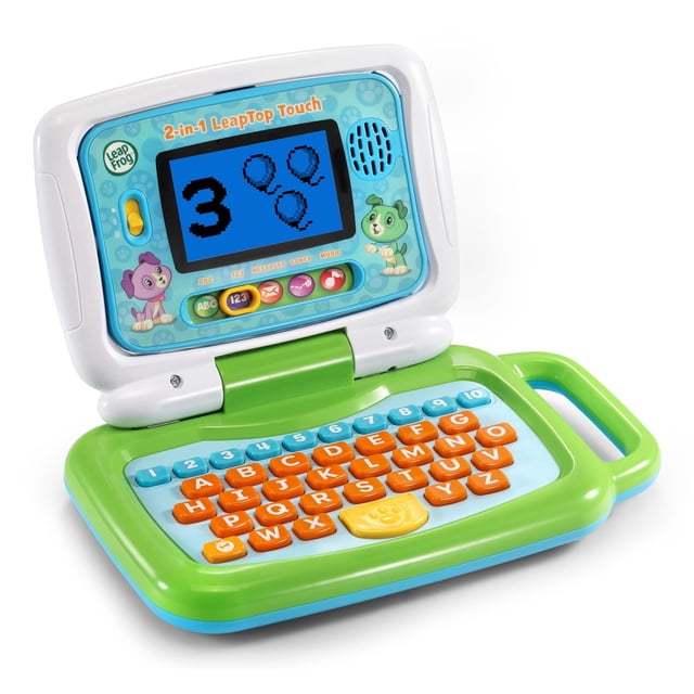 LeapFrog 2-in-1 Leaptop Touch toddler learning toy in keyboard mode with green base, orange A-Z letter keys, blue 1-10 number keys, and a white screen showing number 3 with balloons, featuring a handle and colorful animal graphics, ideal for early educational electronics and interactive learning.