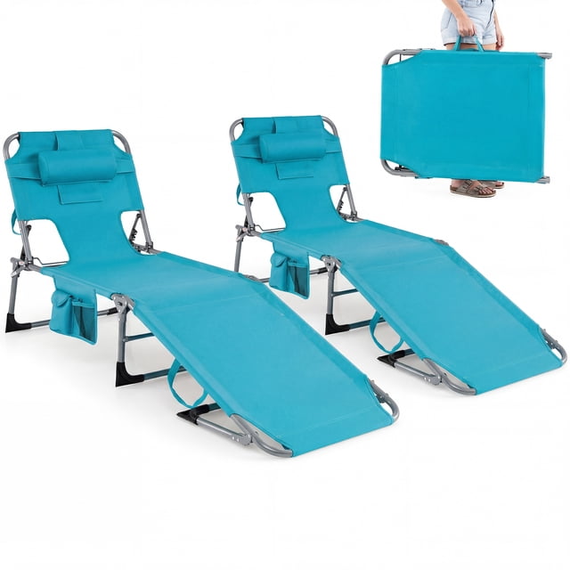 Gymax Ensemble de 2 Chaises Longues de Plage Pliantes Inclinables avec Trou pour le Visage Turquoise