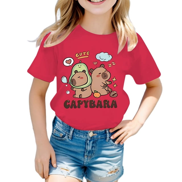 LYHaoo T-Shirt à Manches Courtes Décontracté Ample pour Filles, Col Rond, Imprimé à Motif d'Animaux de Dessin Animé, T-Shirts à Col Rond Tailles 4-6 Ans
