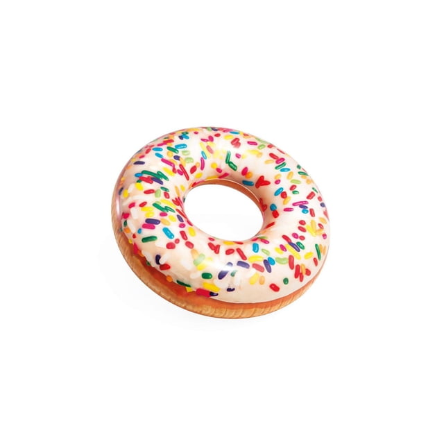 Intex Sprinkle Donut Tube pool float shaped like a donut with white frosting and multicolour rainbow sprinkles printed realistically on top, designed for outdoor pool games and summer fun, also suitable for casual lounging in water.