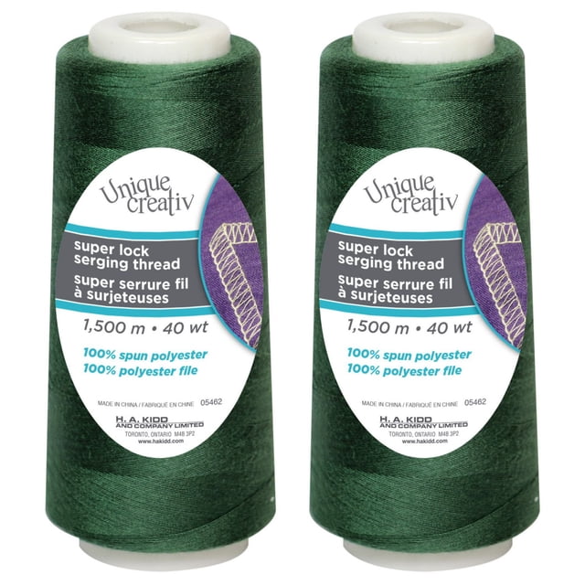 UNIQUE CREATIV TRULOCK Surjetant Thread en Vert Foncé, polyester 100 % Filé, 40 wt, 1500 m Cône pour machines overlock, Convient aux Coutures, Ourlets et Finis de Bord sur Tricots et Tissés, Présenté comme Deux Cônes avec Dessus en Plastique Blanc et Étiquettes Détaillées pour Produits.