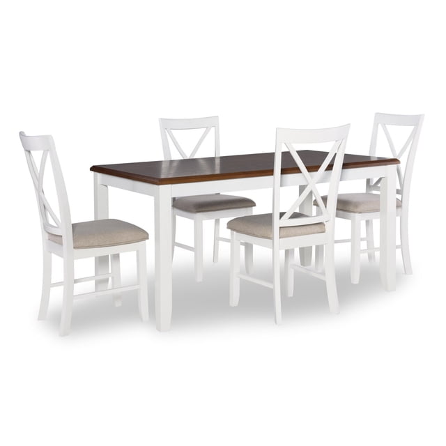 Lander Ensemble de Salle à Manger 5 Pcs, Brun, avec une table Rectangulaire en Hévéa Massif Comprenant un Dessus Brun Miel Émaillé et des Pattes Blanc Vanille, Assorti à Quatre Chaises à Dossier en X Blanc Vanille Rembourrées en Tissu Beige Pâle Résistant aux Taches avec Sièges Rembourrés, Idéal pour les Repas Ou les Espaces de Travail Décontractés.