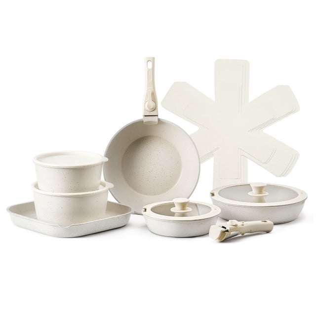 KFFKFF 17 Piece Pots and Pans Set Nonstick with detachable handles, shown in a white Maifan stone finish. Includes frying pans, saucepans, a square grill pan, silicone lids, fridge storage lids, and pan protectors. Designed for space-saving storage and compatible with gas, electric, and induction stovetops.