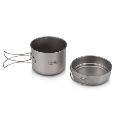 Ensemble de Cuisson en Titane Ultraléger pour Camping en Plein Air, Batterie de Cuisine 900 ml avec Casserole et Poêle à Frire 350 ml avec Poignées Pliantes
