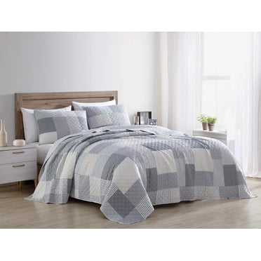 Chezmoi Collection Anderson 3-Piece Printed Patchwork Quilt Set - Plaid Checkered Stripe Coverlet - Pre-Washed Microfiber Lightweight Reversible Bedspread, Queen Size