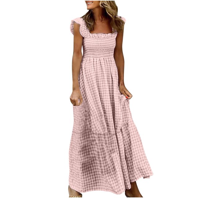 Robe Maxi à Volants Smockée Sans Manches Col Carré Boho Longue Robe d'Été Plage Vacances
