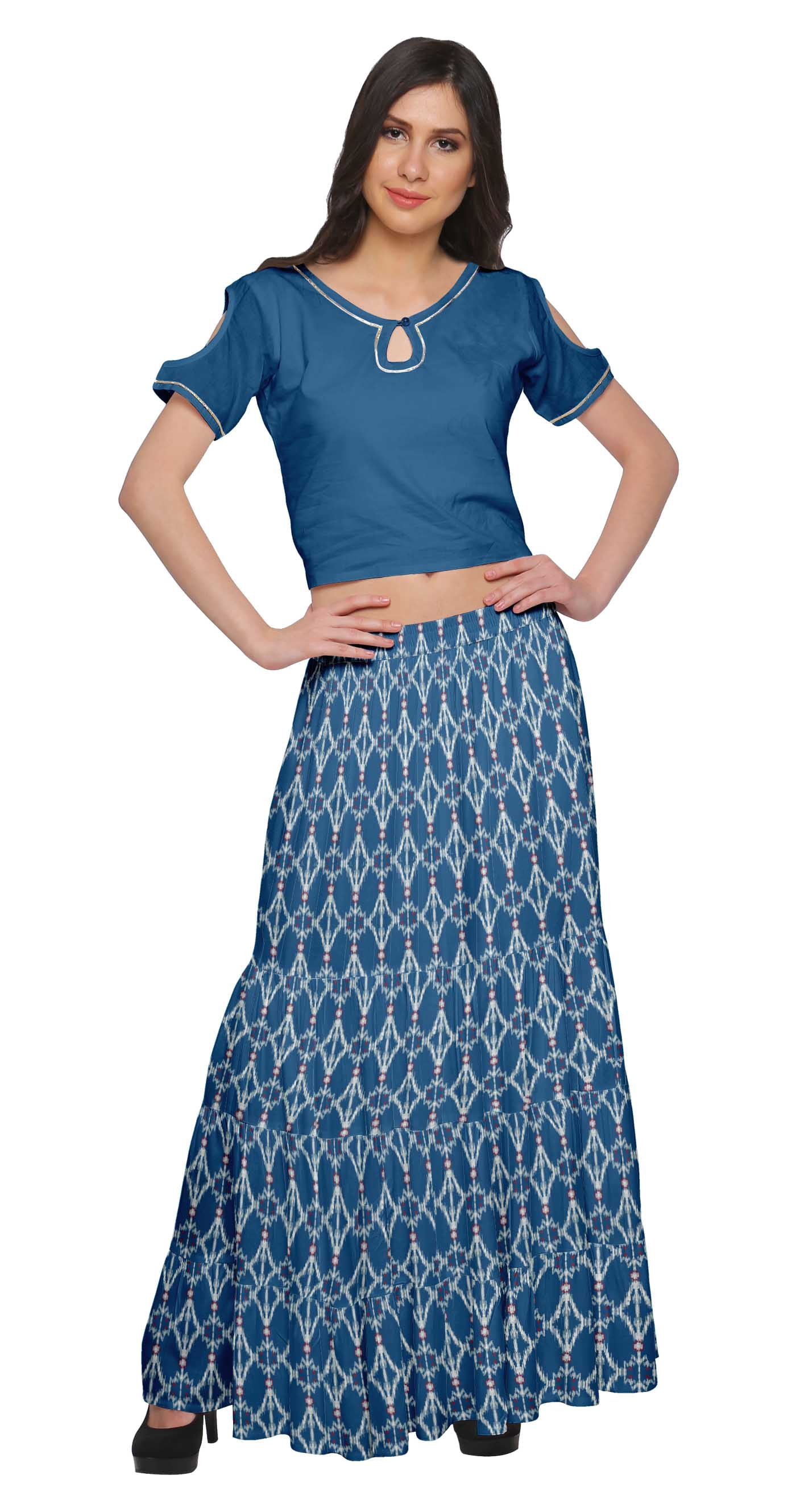 Moomaya Printed Rayon Cold Shoulder Crop Top And Skirt Ethnic Set For Women
