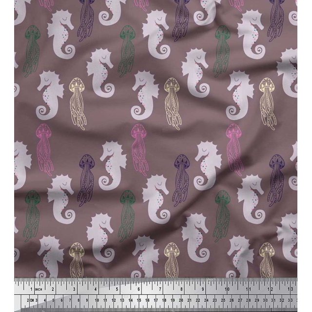 Soimoi Poly Georgette Fabric Jellyfish & Seahorse Ocean Printed Craft Fabric by The Yard 42 Inch Wide