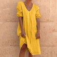 thumbnail image 2 of Robe d'Été pour Femmes Grande Taille en Coton et Lin à Manches Mi-Longues, Col en V, Midi Unie, Robe Décontractée pour Femmes, Robe T-Shirt Ample, 2 of 6