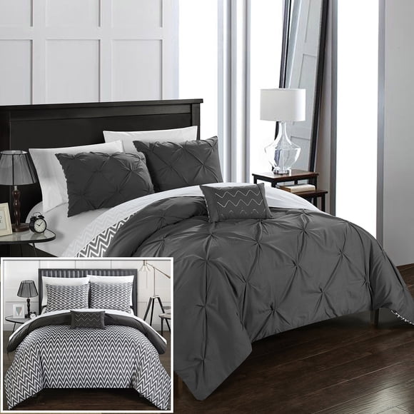 Chic Home Jacky Ensemble de Literie Réversible 4 Pcs avec Couette, Grand Lit/Grand, Gris