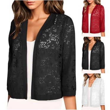 Économies d'Automne! Boléros pour Femmes Courts, Boléro Cardigan d'Été pour Femmes, 2024 Boléros Cardigan Légers Ouverts à l'Avant pour Femmes Chandail Manteau d'Extérieur Mode Décontractée pour Femmes Manteau Cardigan à Manches Longues en Dentelle