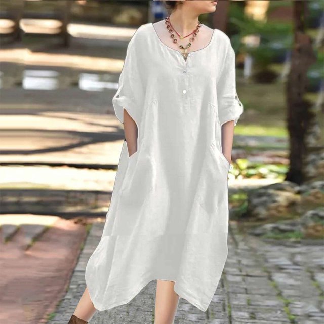 Gspmoly Robes pour Femmes, Robe Décontractée Ample à Manches Longues à Col en V en Coton et Lin de Couleur Unie pour Femmes, Robes d'Été pour Femmes jusqu'à 65 % de Rabais