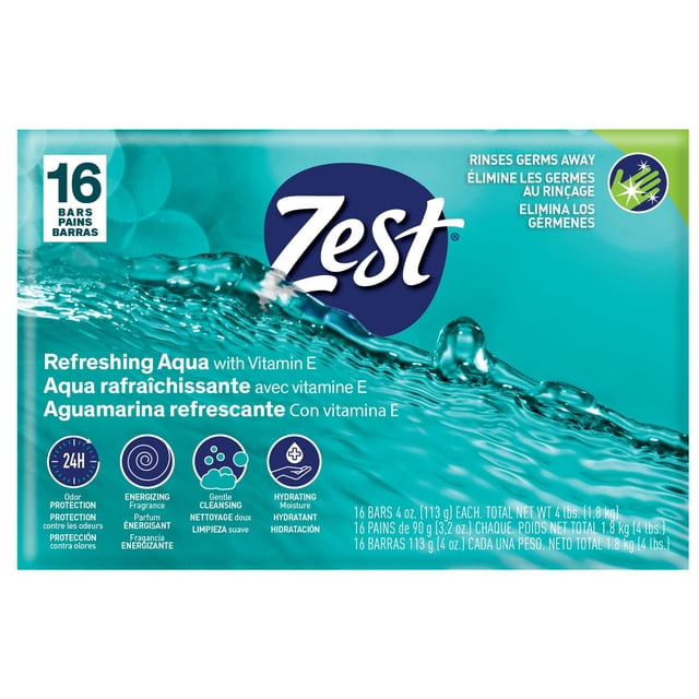 Zest Savon en Barre Aqua, Lot de 16 Barres au Parfum Aqua Rafraîchissant et à la Vitamine E, Offrant une protection contre les Odeurs pendant 24 Heures, un Parfum Énergisant, un Nettoyage en Douceur et une Hydratation Hydratante, Poids net total de 4 Lb (1,8 kg), l'Emballage Présente un Motif Éclaboussures d'Eau.