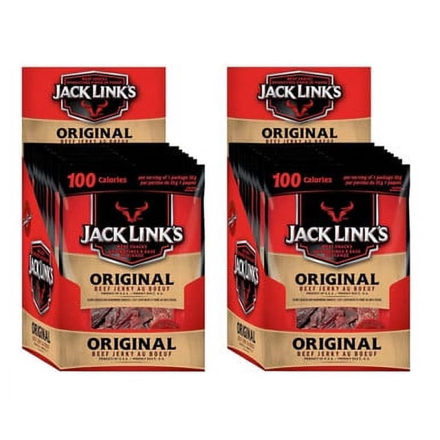Jack Link's Original Jerky de Bœuf, 12 Unités (2/caisse), Présentant Deux Boîtes d'Exposition Contenant Chacune 12 Portions de 35 g (1,24 oz) de Bœuf Jerky Emballées Individuellement. l'Emballage Met en Valeur la Saveur Classique Originale et 100 calories par Portion, avec un design Audacieux Rouge et beige Mettant en Valeur le logo Jack Link's.