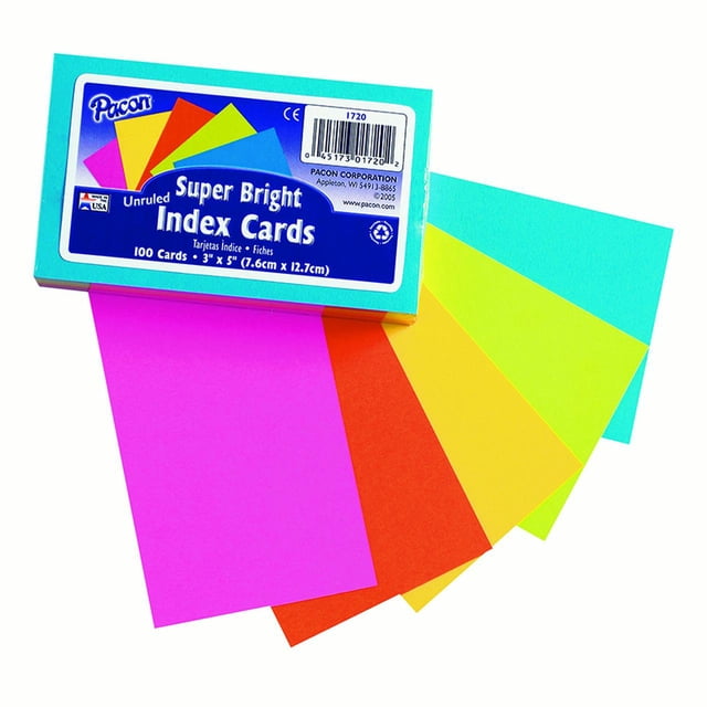 Pacon Cartes d'Index, 3 Po x 5 Po, Non Rigides, Couleurs Assorties Super Lumineuses, 100 Cartes