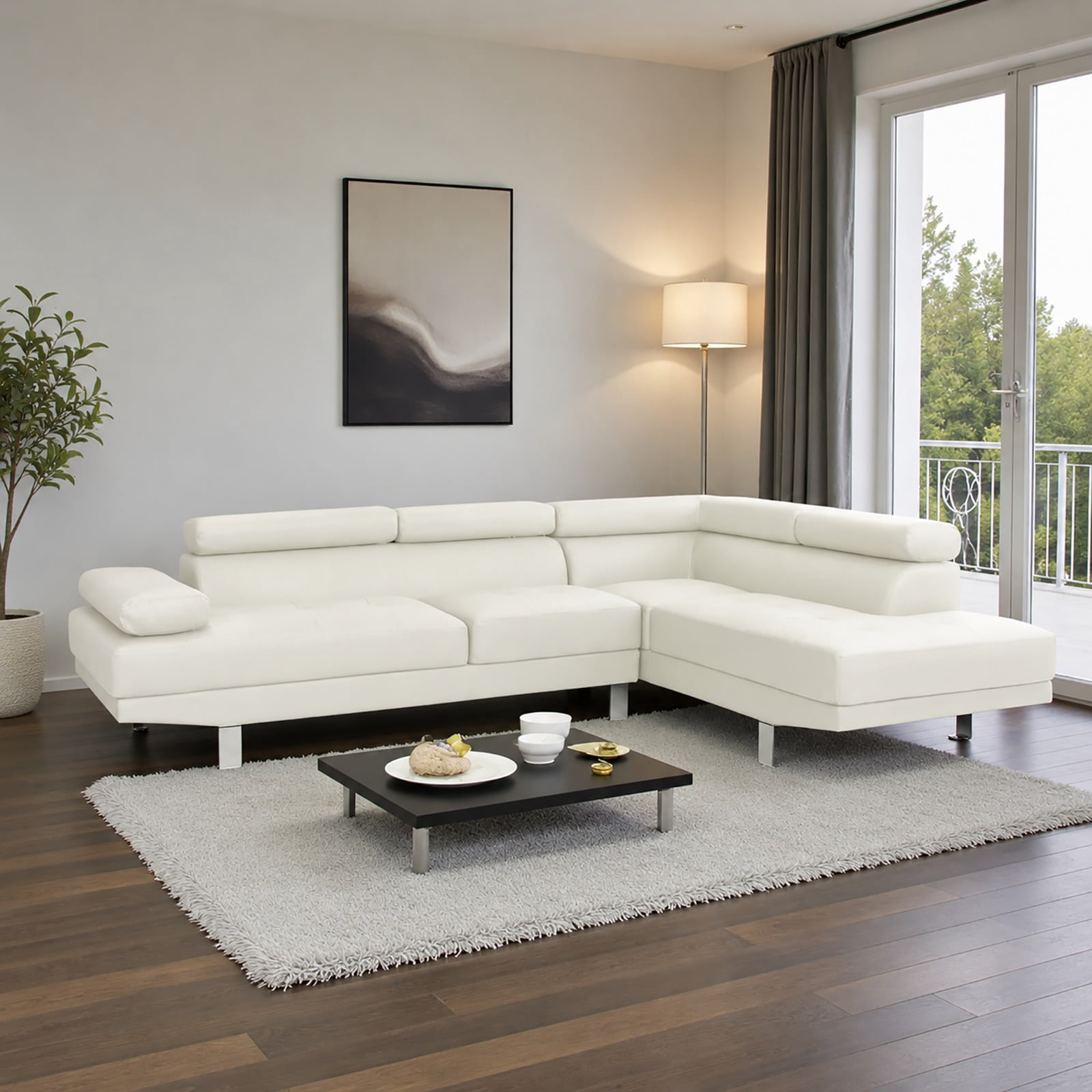 Cosmic Homes Grayson 3-Seater Leather Upholstered Sectional Sofa with RHF Chaise - White