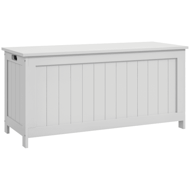 HOMCOM Coffre de Rangement avec 2 Charnières de Sécurité, Banc de Rangement en MDF Blanc au design Moderne avec Panneau vertical à l'Avant. le Banc Mesure 39,4 Pouces de Longueur, 15,7 Pouces de Largeur et 18,9 Pouces de Hauteur, Offrant un Intérieur Spacieux pour Ranger des Livres, des Couvertures Ou des Serviettes. Équipé de Deux Charnières de Sécurité pour un Fonctionnement Fluide du Couvercle et de Poignées Latérales pour un Déplacement Facile, Cette Pièce Polyvalente Peut Fonctionner comme Banc à Chaussures, table Basse Ou Boîte de Rangement dans les Salons, Entrées Ou Bureaux.