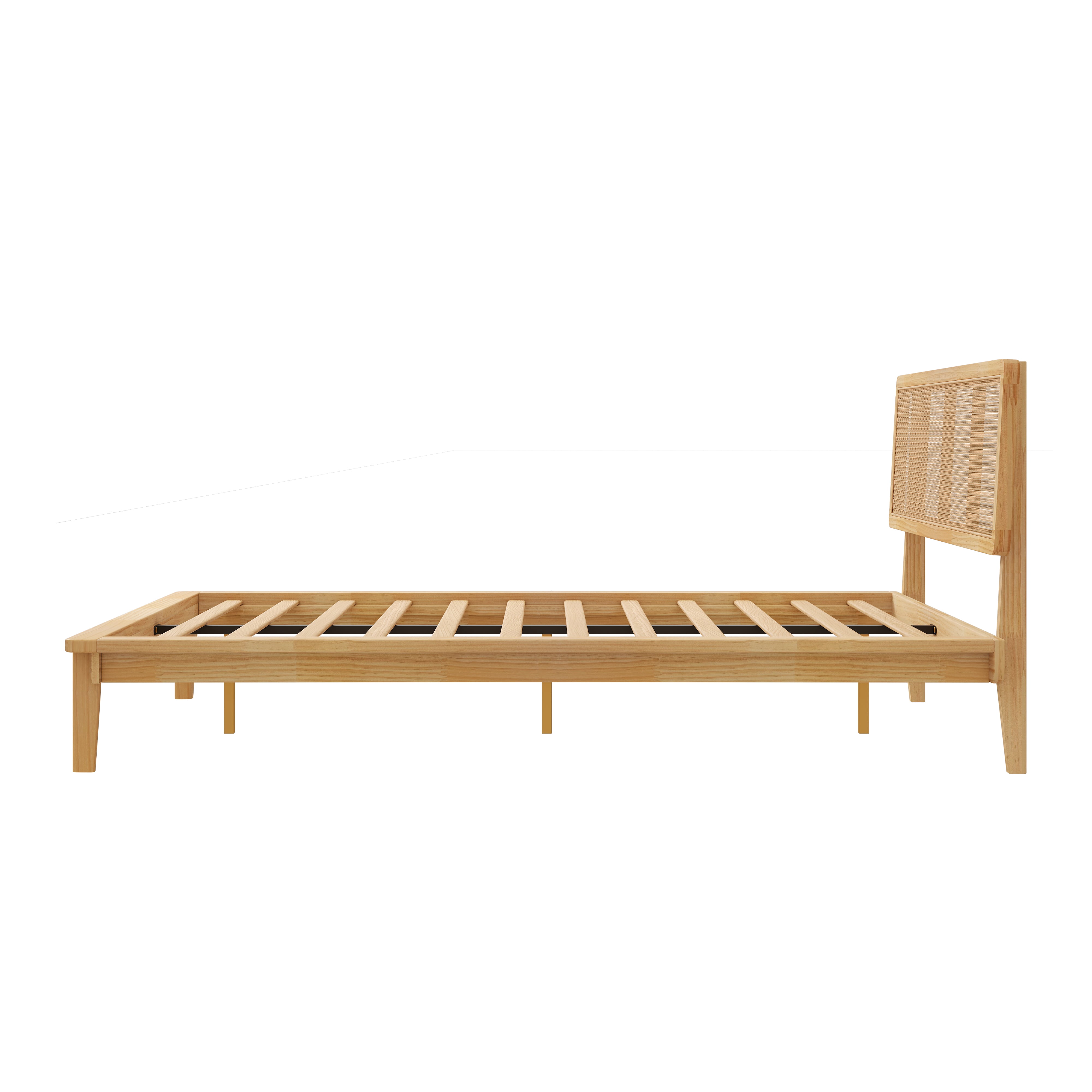 Noble House Modern Rattan Platform Bed,Cane Headboard & Footboard with Natural Woven Panels,Mid-Century Bed Frame,Walnut