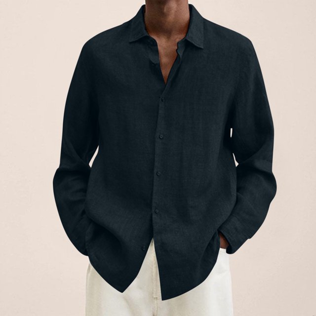 EGNMCR Chemises à Manches Longues pour Hommes Automne Mode Décontractée Couleur Unie Bouton Col Rabattu Hauts Blouse Confortable Coton Chemises de Travail de Bureau