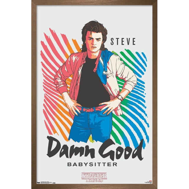 Netflix Stranger Things : Saison 2 - Affiche Murale de la Gardienne, 14,725 Po x 22,375 Po, Présentant une illustration Graphique d'Une Personne Portant une Veste Rouge et Blanche par-Dessus une Chemise Noire avec jeans Bleus et une Ceinture Rouge, Debout avec les Mains sur les Hanches sur un Fond d'Empreintes Multicolores en Rouge, orange, Vert et Bleu, avec le Texte « Steve Damn Good Babysitter » et le logo Stranger Things en Dessous, Idéal pour Décorer des Chambres, des Dortoirs