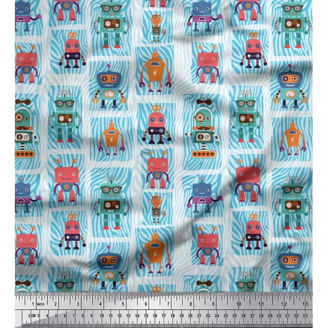 Soimoi Polyester Crepe Fabric Woodgrain Texture & Cartoon Machine Hardware Fabric Prints by Yard 52 Inch Wide