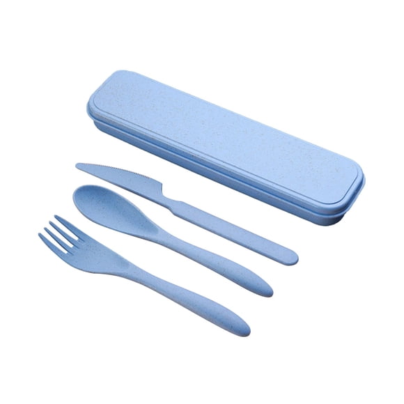 ZTTD 1 Set Reusable Utensil Set with Case, Portable Camping Fork Knife Spoon Set, Wheat Straw Travel Utensils for Lunch Box, for Work Lunch or Daily Use (Blue)