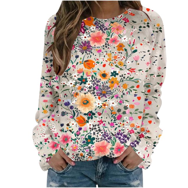 KIHOUT Chandails Molletonnés pour Femmes en Liquidation, Hauts Blouse à Manches Longues d'Automne et d'Hiver à Col Rond à Imprimé Floral, Coupe Ample, Taille P-2TG