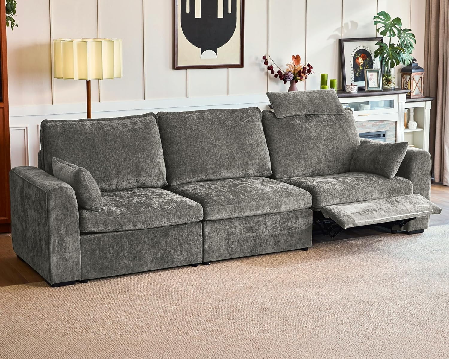 BEDEEP Canapé Inclinable Électrique 125 Pieds' avec Appui-Tête, Canapé Sectionnel en Chenille Moduar Cloud, Canapé Convertible 3 Places pour Salon RV, Gris