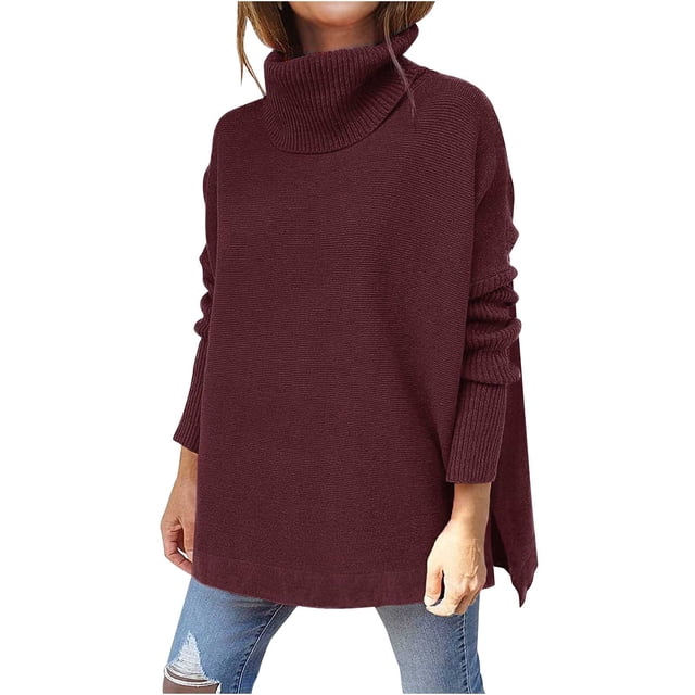 Women Fashion Casual Solid Color Split fork Knitted Sweater Long Sleeve Turtleneck Tops