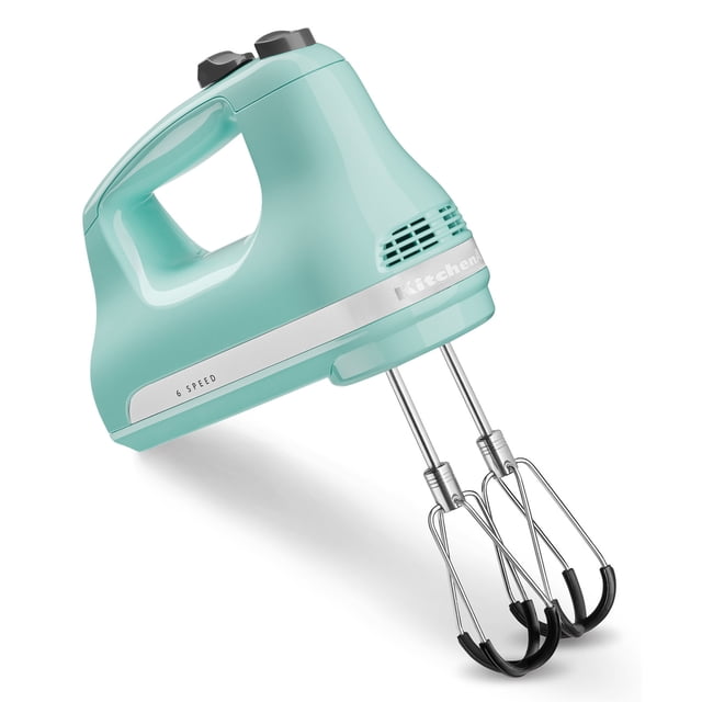 KitchenAid® 6 Speed Hand Mixer with Flex Edge Beaters in light teal, shown at a 3/4 angle with two stainless steel Flex Edge Beaters that reduce scraping, ergonomic handle, and dual speed control knobs, isolated on white background, suitable for mixing and whipping tasks.