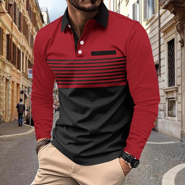 RXIRUCGD Hommes Décontracté Uni à Rayures à Boutons Manches Longues Col Rabattu Blouse Chemise Hauts, Rouge, Taille : M