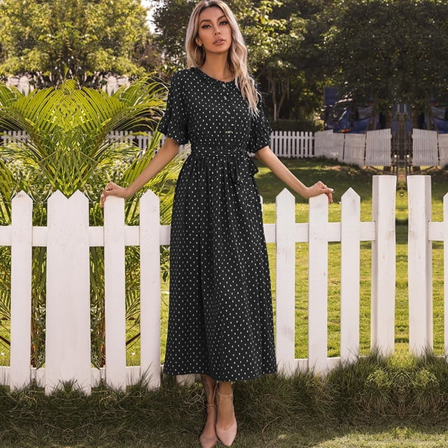 Drppepioner Robe d'Été pour Femme à Manches Courtes, Robe T-Shirt Décontractée 2024 Fluide de Plage à Col en V, Robes Soleil avec Poches, Mode Femme, Automne, Boutons, Robe à Manches Courtes à Col Rond, Noir