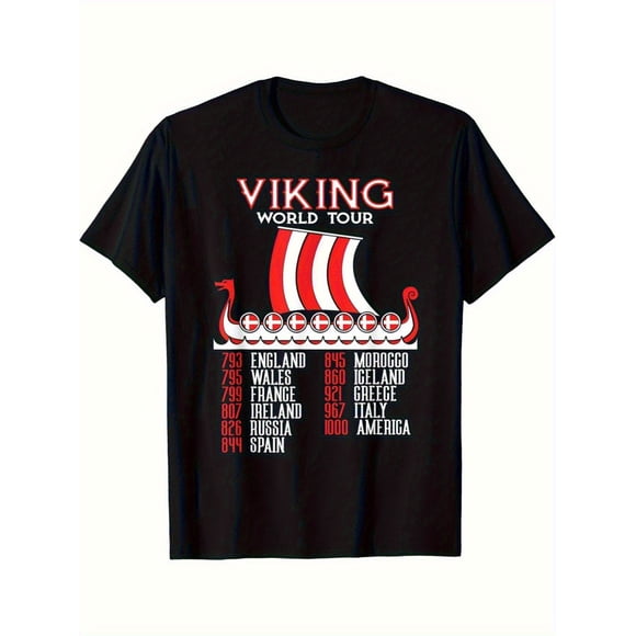 T-shirt Mondial Présentant des Imprimés d'Un Navire et d'Un Logo Nordique de Corbeau, Accompagné d'Une Carte de la Norvège et de l'Écosse