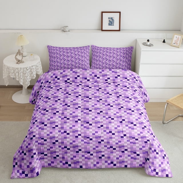 Erosebridal Purple Checkered Comforter Sets Full Size, Square Geometric Comforters & Duvets, Abstract Reversible Duvet Insert, Ultra Soft Bedroom Decorative, 3pcs