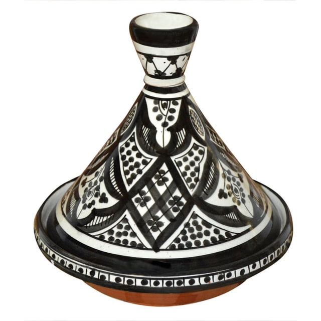 Moroccan Handmade Serving Tagine Exquisite Ceramic With Vivid Colors Original 8 inches Across. A hand-painted ceramic tagine with intricate black and white patterns, conical lid, and terracotta base. Ideal for serving dishes, part of kitchenware and cookware collections. Not microwave-safe.