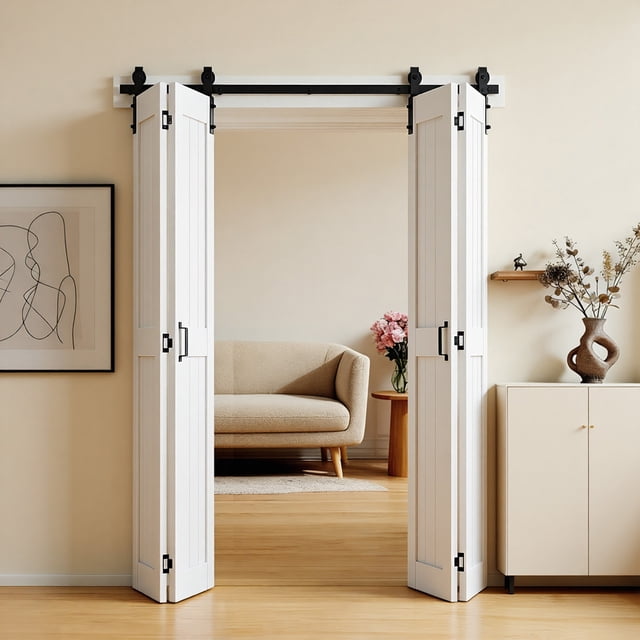 VEVOR Bifold Barn Door, 72" x 84", MDF Bi-Fold Sliding Closet Doors, Header Board and Hardware Kit Included, H-Frame Space-Saving Design, Pre-Assembled Panels, Waterproof & Quiet, White
