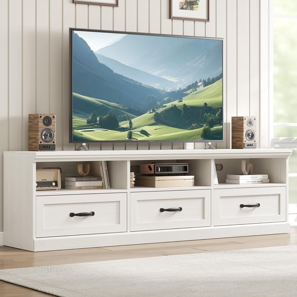 Wooden TV Stand for 75 Inch TV, Media Console Table with 3 Drawers and Opening Shelves, Mid-Century Modern Entertainment Center with Storage for Living Room, Bedroom