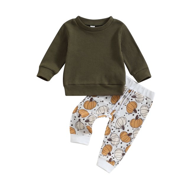 Faithtur Toddler Girls Halloween Pants Sets Solid Color Long Sleeve Tops Pumpkin Print Drawstring Pants Sets