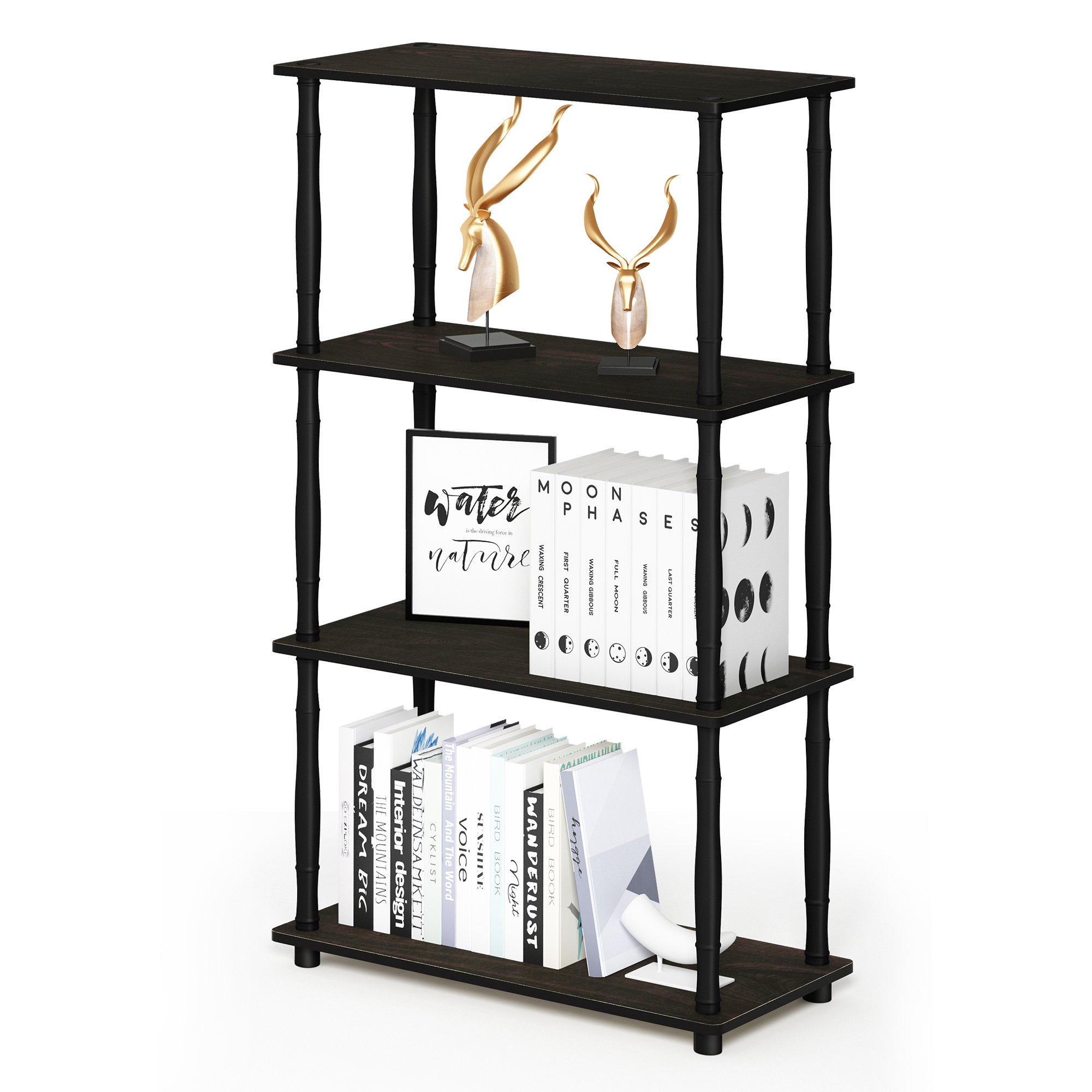 Furinno Turn-N-Tube Toolless Assembly 4-Tier Open Frame Black Book Shelf, Corner Shelf, Open Shelves, Classic Tube, for Organization and Storage, Living Room, Home Office, Black Espresso