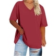 thumbnail image 1 of Moxiu Womens Plus Size Summer V Neck Tees Casual Loose Fit Short Sleeve Solid Color Oversized Basic Tunic Tops Red,XL, 1 of 4
