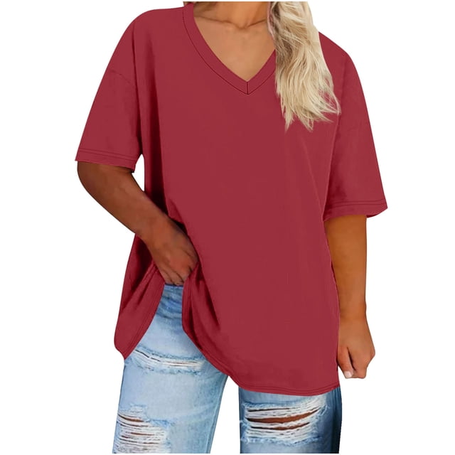 Moxiu Womens Plus Size Summer V Neck Tees Casual Loose Fit Short Sleeve Solid Color Oversized Basic Tunic Tops Red,XL
