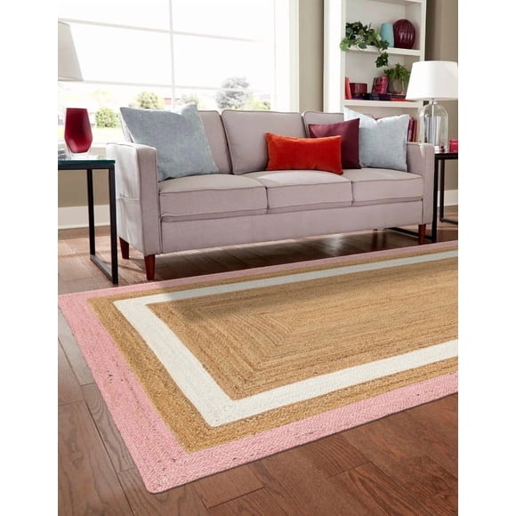 Aizza Trends 10x14 Ft Pink and White & Natural Jute Area Rug, Boho Chic Natural Jute Area Rug - Hand-Braided, Rustic Farmhouse Decor for Living Room Carpet,