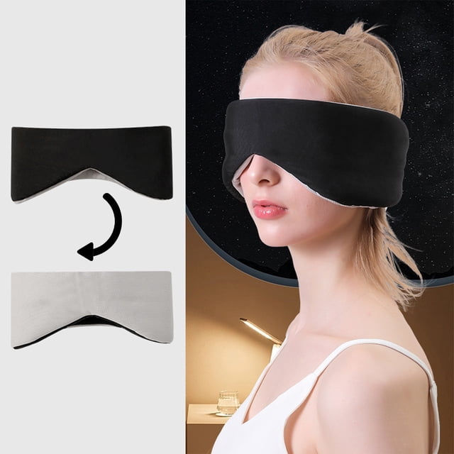 Full Surround Sleep Eye Mask Blindfold Eye Cover Patch Portable Travel Eyepatch Eye Cover Sleeping Mask Night Eyeshade in black and white, featuring a double-sided design with ice silk fabric. The mask includes a 'nose wing' for effective light blockout and adjustable straps for a comfortable fit. Lightweight and foldable, suitable for travel, work, or home use. Displayed on a model and shown in a close-up view with a neutral background.