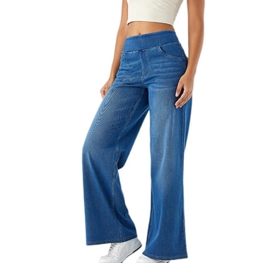 biudgviw Women's Wide Leg Jeans Baggy High Waisted Pull on Stretch Denim Pants Trendy Casual Trousers with Pockets