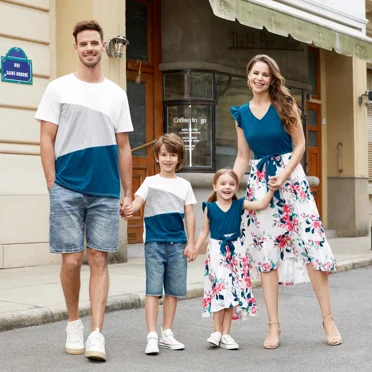 PatPat Mother's Day Family Matching Outfits Solid V Neck Flutter-sleeve Splicing Floral Print Dresses and Short-sleeve Colorblock T-shirts Sets