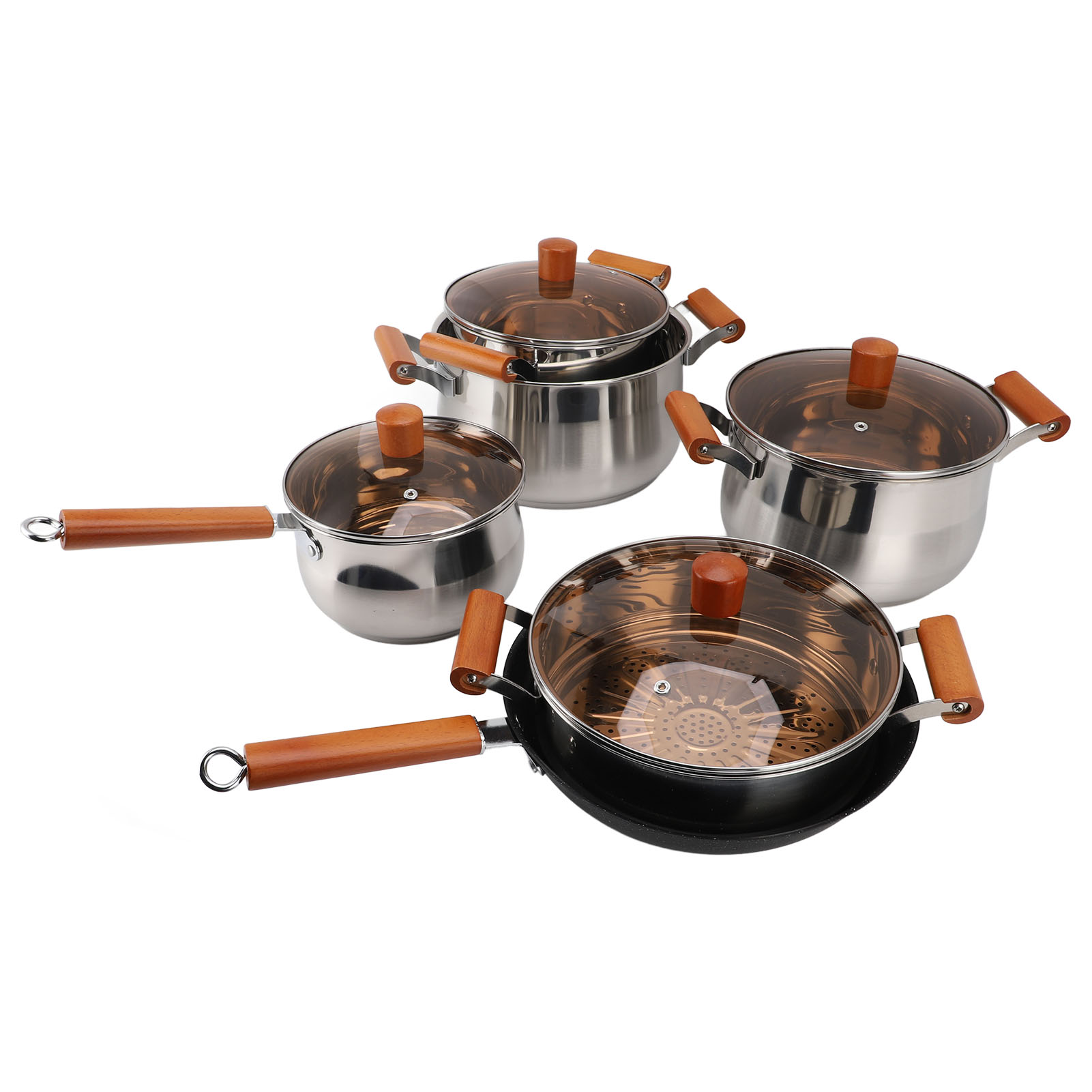 Set Stainless Steel Cookware Set Wooden Handle Multifunctional Kitchen Cooking Set for Steaming Boiling Making Soup