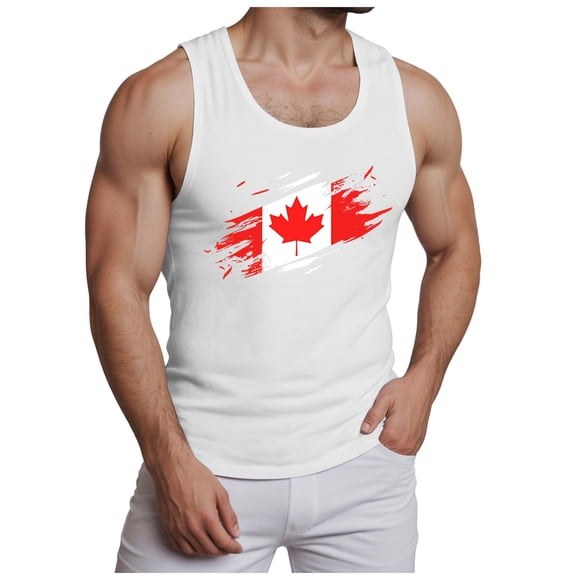 Qopobobo Débardeur en Coton et Lin pour Homme Débardeur d'Été Imprimé pour Homme T-Shirt Sans Manches Drapeau du Canada Haut pour la Fête Nationale Blanc,m