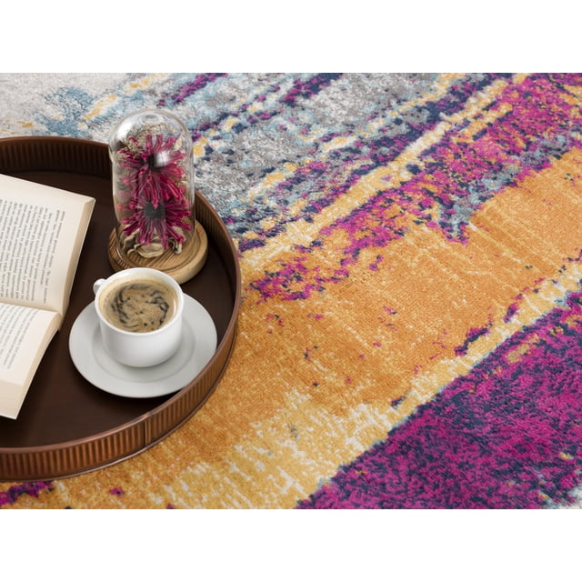 Rug Branch Savannah 2' x 7' mid-century modern runner rug with an abstract purple, orange, and multicolour geometric and floral pattern, made of stain-resistant polypropylene with medium cut pile, shown with a brown tray holding coffee, an open book, and a glass dome with dried flowers, ideal for entryways, hallways, or kitchens.