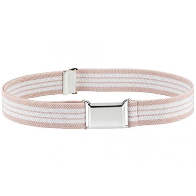 Ceinture Élastique Ajustable pour Enfants avec Boucle Carrée Argentée - Rayures Beige et Blanches